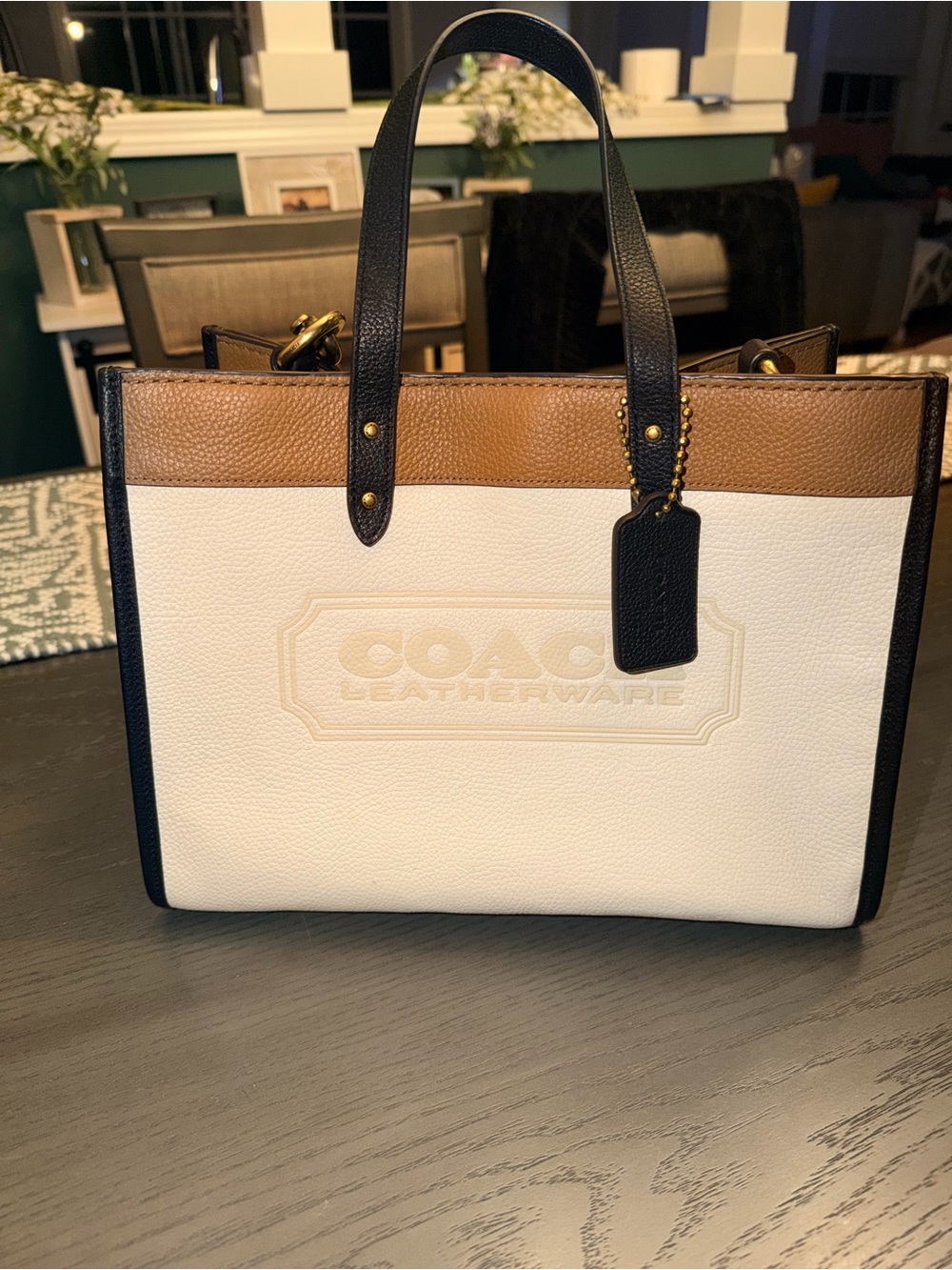 Coach Field Tote 30 C0777 Colorblock Chalk Multi Pebble Leather Crossbody EUC
